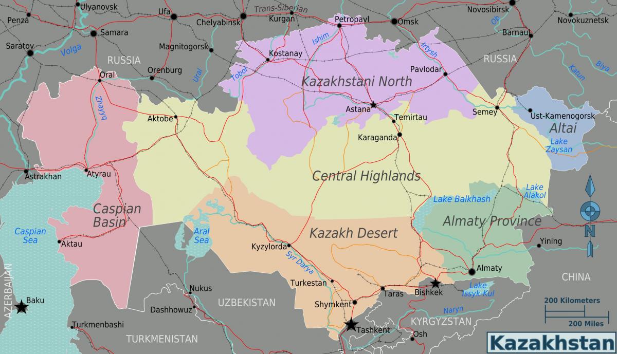 žemėlapis Kazachstano regionuose